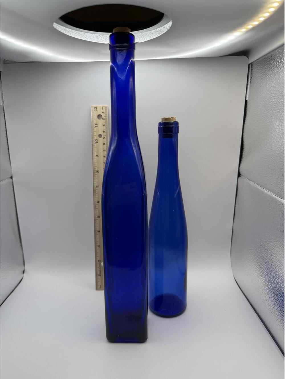 Vintage Cobalt Blue Glass Bottle Pair Tall Decorative Apothecary Wine Bottles